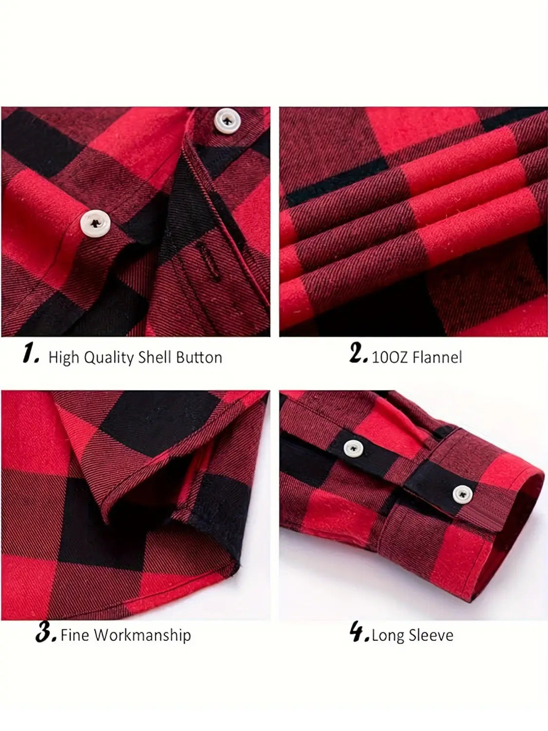 men’s slim fit red and black plaid flannel button up shirt featuring white shell buttons and soft cotton material.