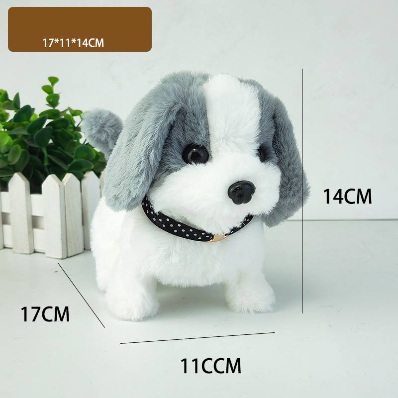 Ein kuscheliger Stoffhund mit grauem und weißem Fell, schwarzen Knopfaugen, einer schwarzen Nase und hängenden Ohren, der eine gepunktete Halskette in einem interaktiven, elektrischen Design für Kinder trägt.