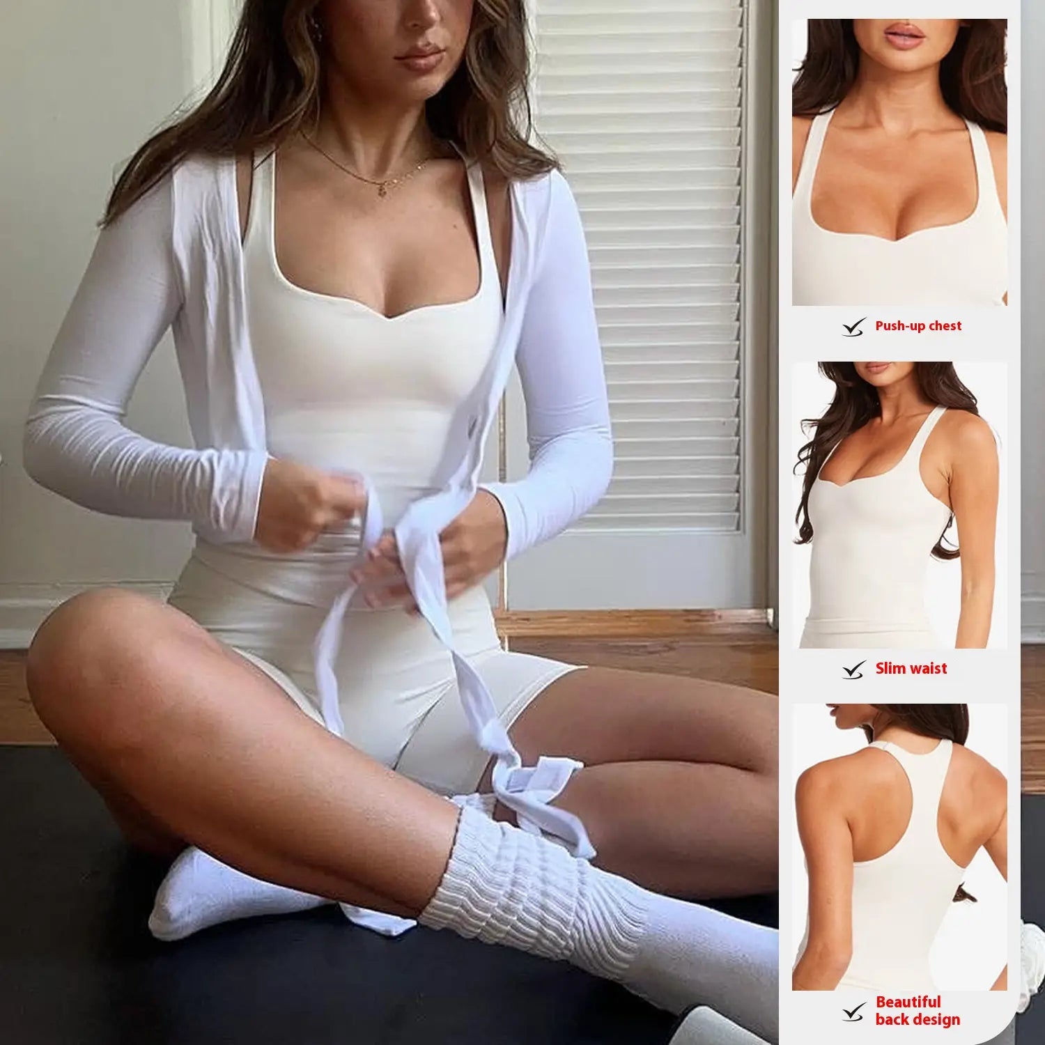 Débardeur moulant à manches longues blanc, à taille ajustée et à un magnifique design dans le dos, associé à un legging de yoga taille haute évasée, vu de face