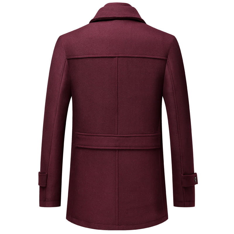 A maroon wool men’s winter overcoat with a classic double-breasted design and matching belt.
