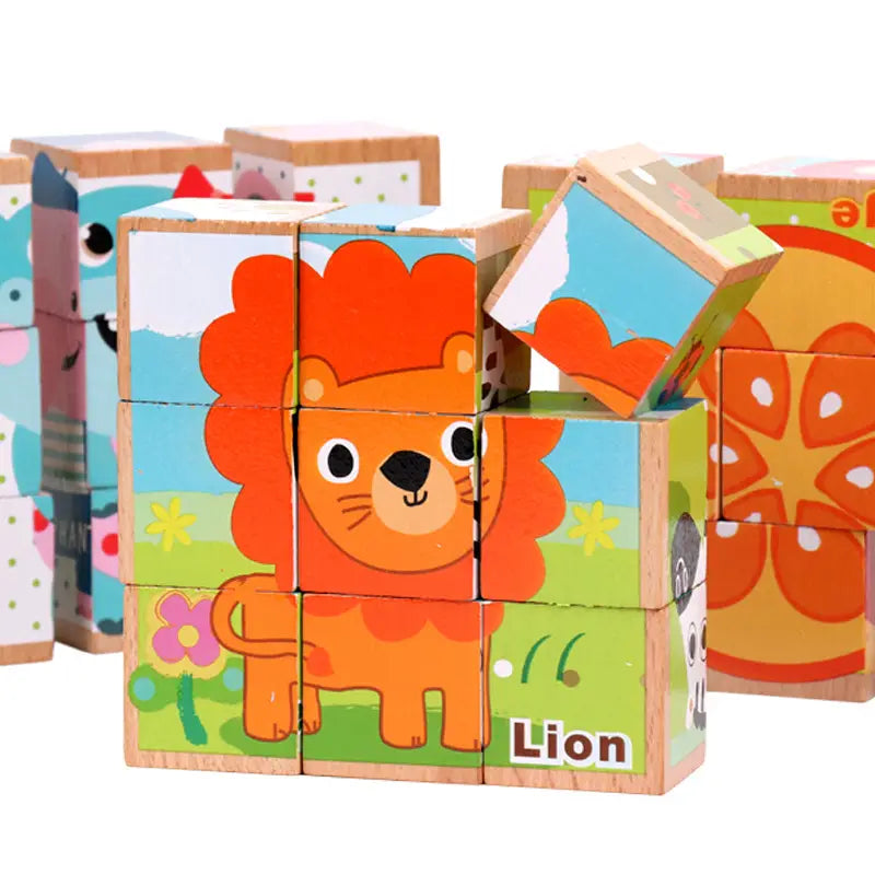 puzzle en cubes en bois en forme de cube en bois, jeu éducatif précoce 6 en 1, présentant un cube de puzzle en bois coloré avec un lion de dessin animé ayant une crinière orange sur un fond de pelouse verte avec des fleurs