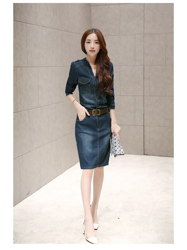 Elegant high waist button down denim midi dress in medium blue denim with a fitted silhouette chest pockets and button-up front.