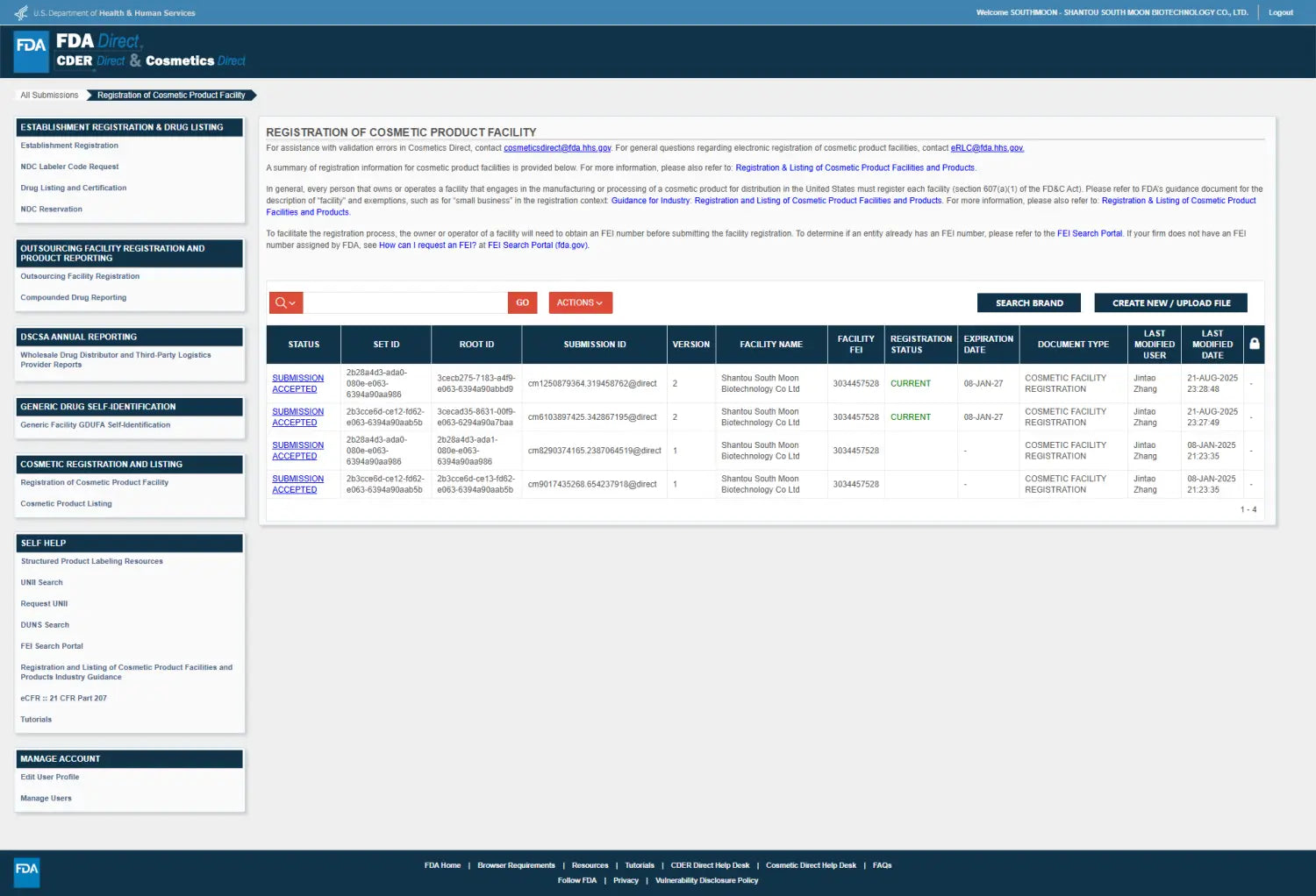 Fda direct react and cosmetics webpage displaying a table of facility registrations for the men’s essential oil jojoba massage vitality 10ml product.