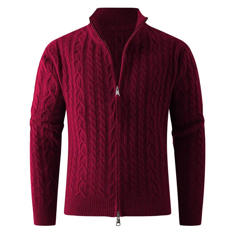 Men thick half zip cable knit sweater in rich burgundy with a high collar and ribbed cuffs made from thick cable knit material.
