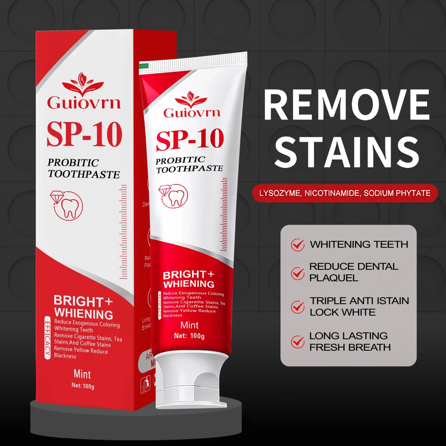 Red and white tube of Guiovrn SP-10 probiotic whitening toothpaste with mint flavor for oral care in a 100g 2 pack.