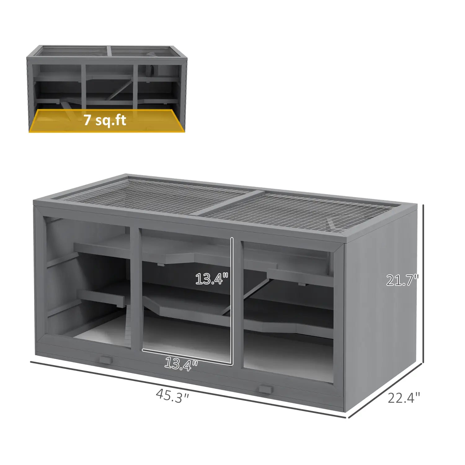 Gray plastic reptile enclosure with wire mesh top and internal shelves designed as a multi-level small animal habitat.