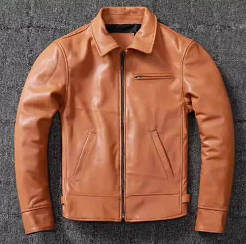 Men’s tan cowhide leather motorcycle jacket featuring a classic collar and front zipper for a stylish and durable outerwear option.