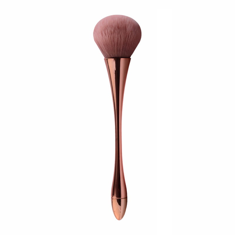 Rose gold professional makeup brush with soft rounded pinkish brown bristles and sleek metallic handle designed for flawless powder application.