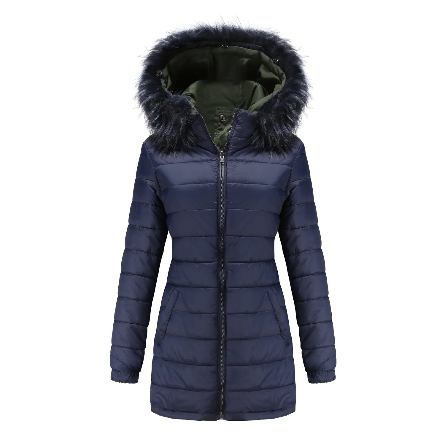Navy blue reversible fur collar quilted parka with a fur-lined hood and olive green interior lining designed for winter wear.