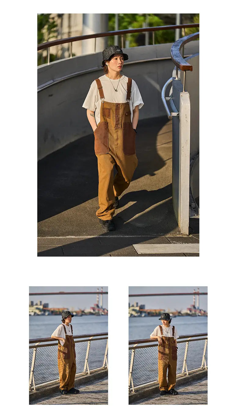 Brown corduroy khaki retro suspender overalls with contrasting darker brown patch pockets and adjustable straps.