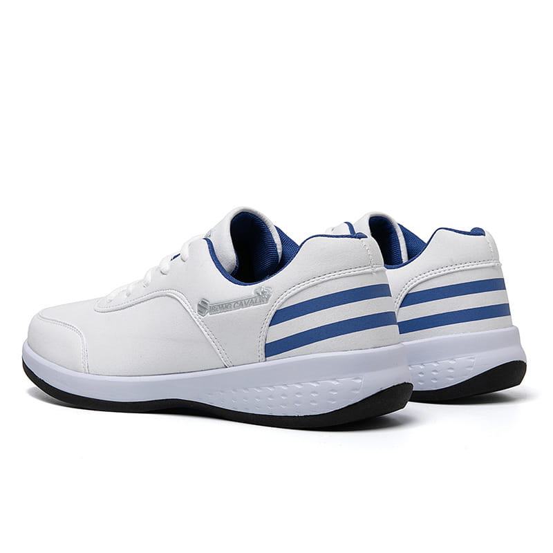 white and blue strong cavalry breathable mesh casual athletic sneakers with three bold horizontal stripes, sleek leather upper, and rubber sole designed for athletic use