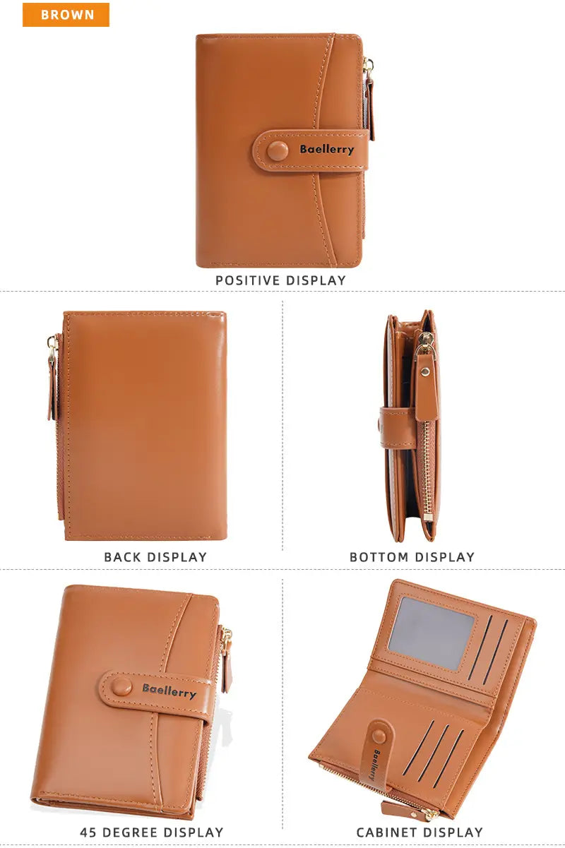 Cartera de mujer de cuero marrón con cierre mediante cremallera, hecha de cuero PU y con el nombre de la marca Baellerry en relieve en la solapa frontal.
