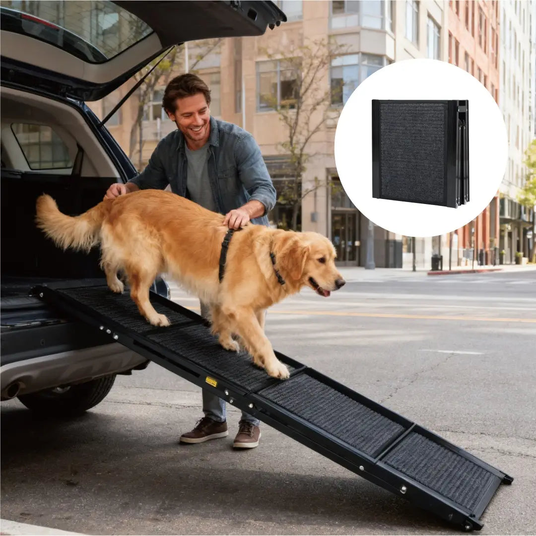 Rampa negra plegable para coche de perro con textura, fabricada con material resistente que soporta hasta 250 lb para uso de pasos portátiles para mascotas