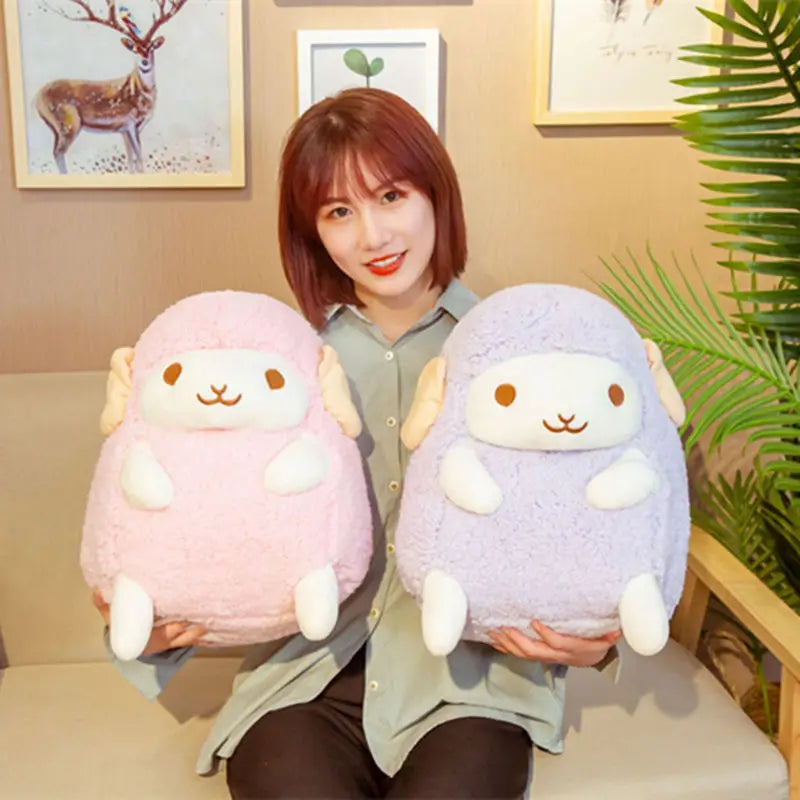 Soft pink and lavender sheep plush toy with white face ears and feet soft stuffed animal doll 30 to 40 centimeters.