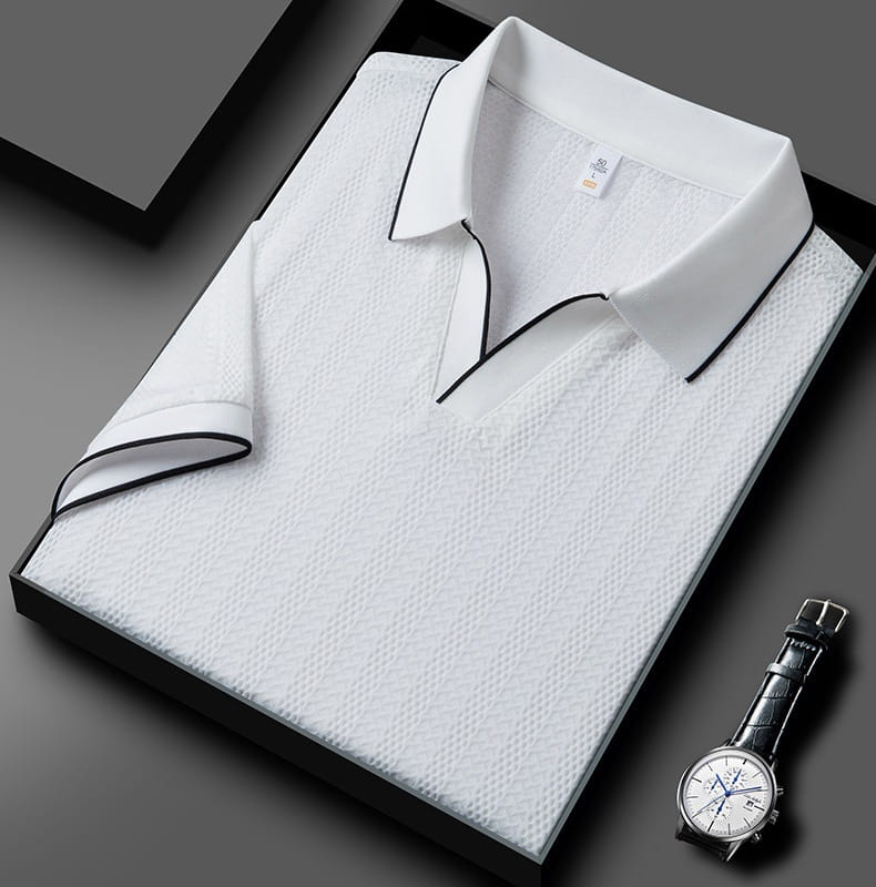 Men’s textured ice silk polo shirt in white featuring black contrast trim on collar and sleeve cuffs.