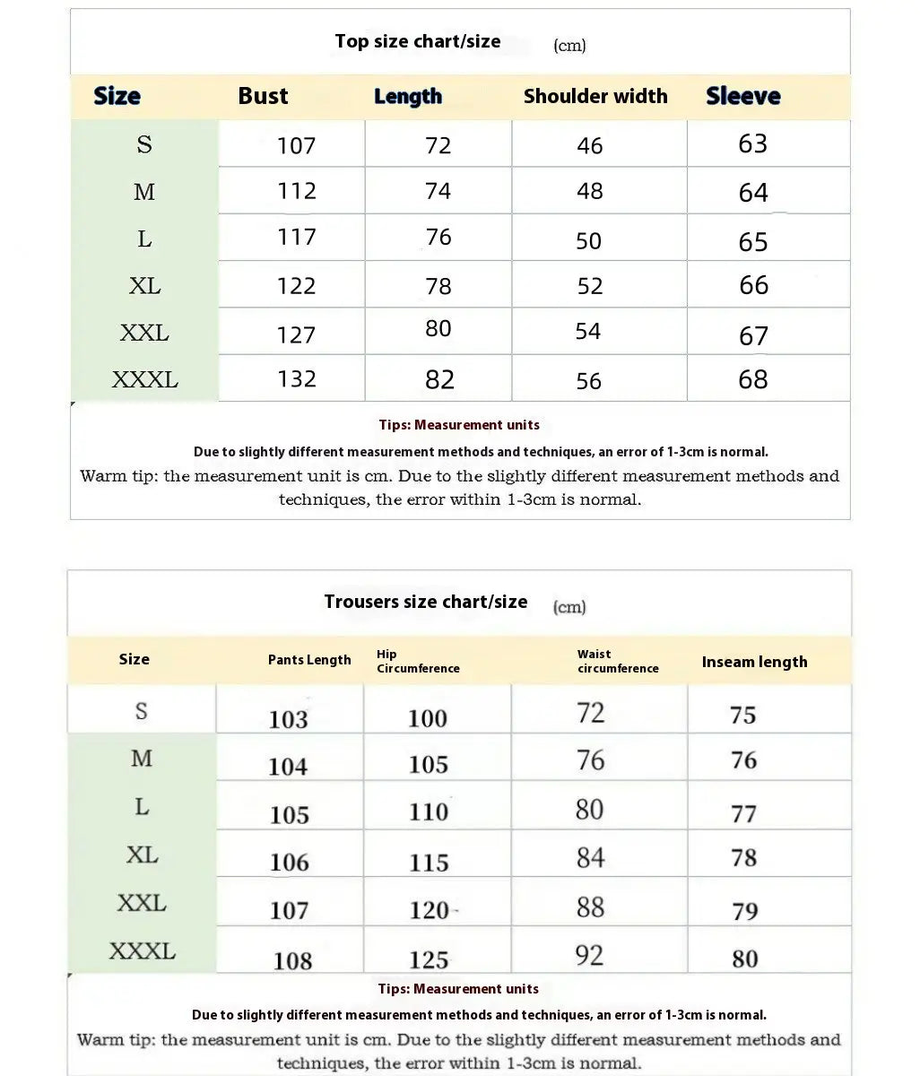 Tableau des tailles des ensembles pour hommes en molleton de type waffle à manches longues, indiquant les mesures de la veste et du pantalon en centimètres pour les tailles S à XXXL