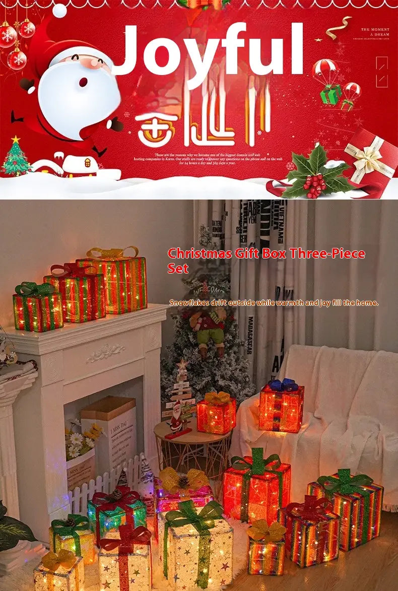 led christmas gift box set features red and gold illuminated boxes adorned with glitter bows for festive decoration.