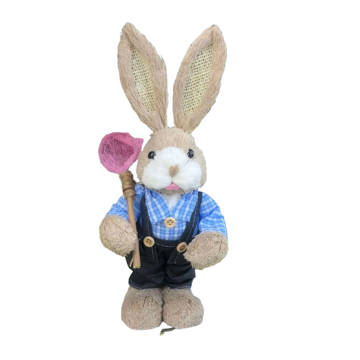 A 35cm beige and white straw Easter rabbit figurine dressed in blue plaid shirt and denim overalls holding a pink net