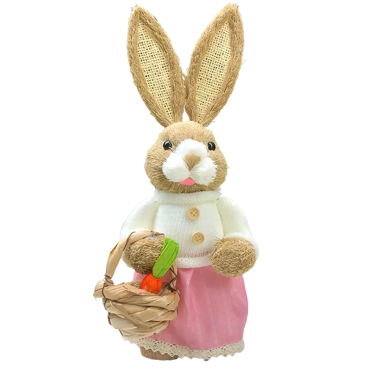 A 35cm straw Easter rabbit figurine dressed in a knitted sweater and pink skirt holding a basket with a carrot
