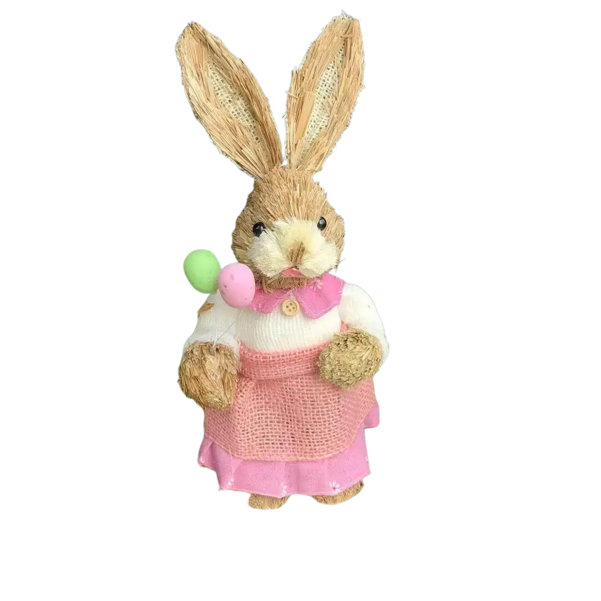 35cm straw Easter rabbit figurine dressed in white knit top and pink burlap skirt holding colorful eggs