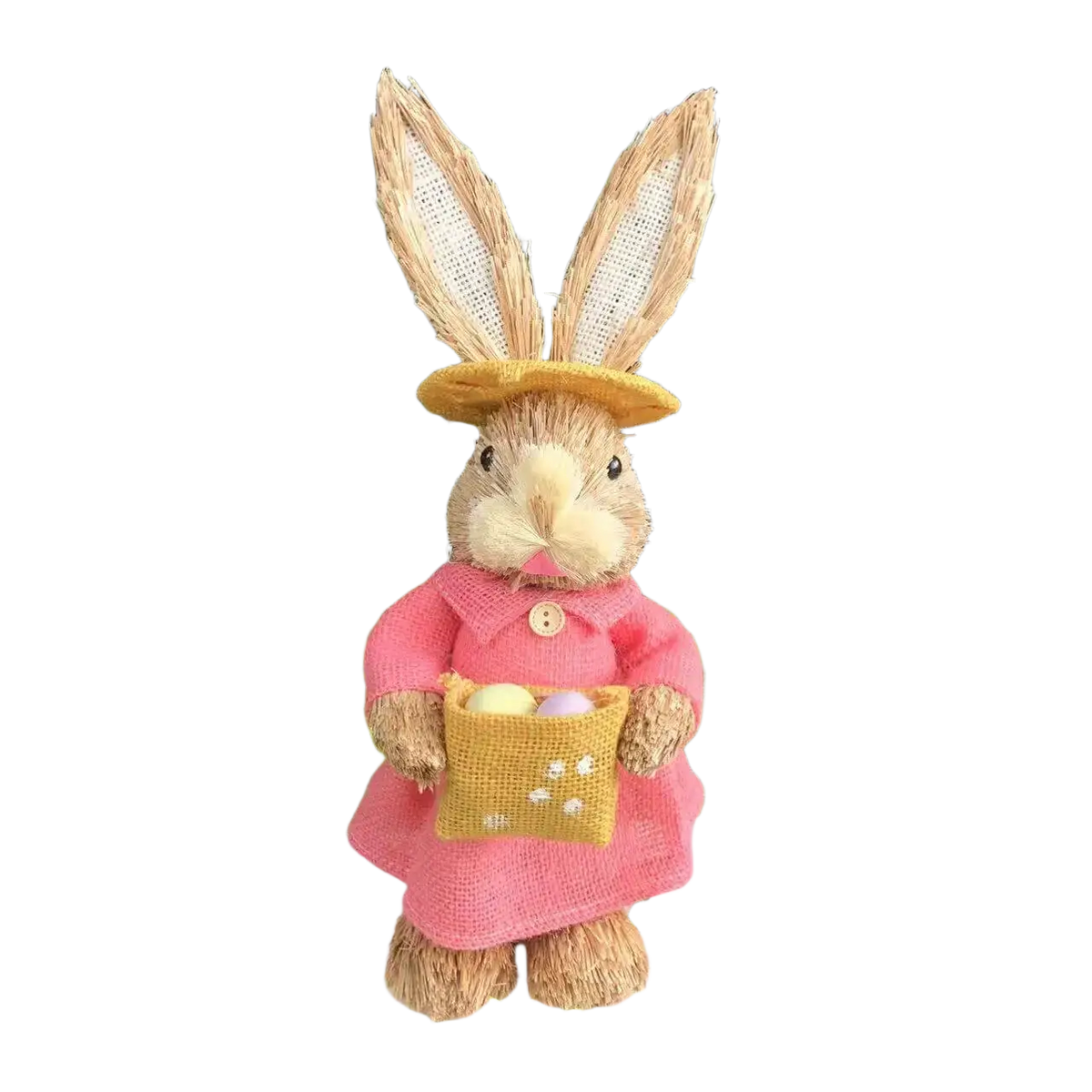 A 35cm straw Easter rabbit figurine dressed in a pink coat and yellow hat holding a basket with colorful eggs