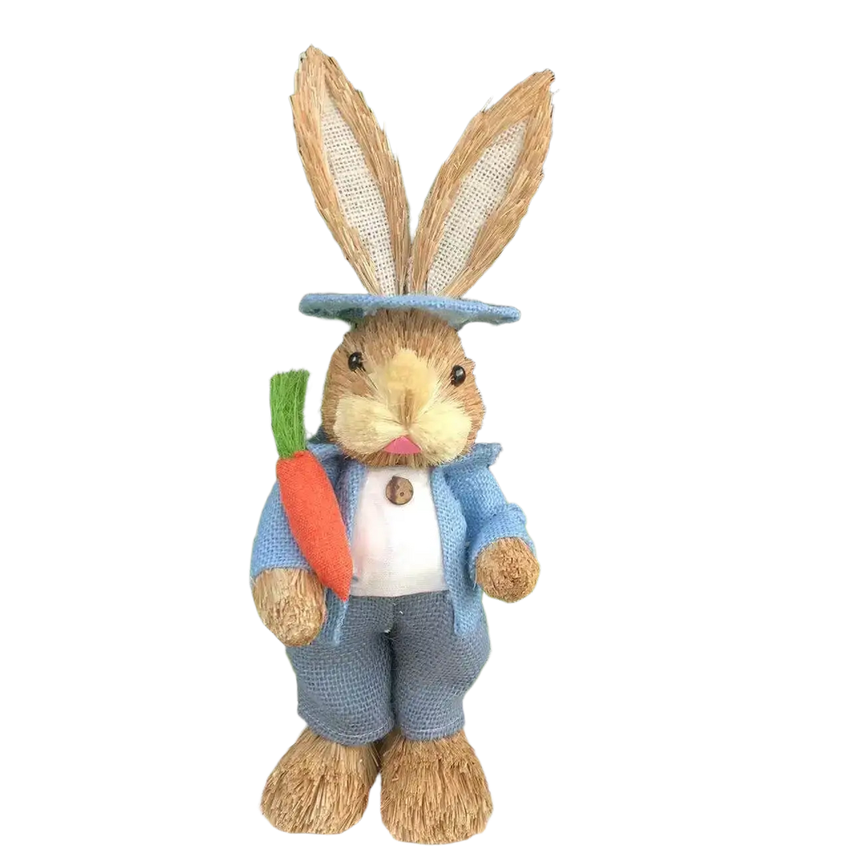 A 35cm straw Easter rabbit figurine dressed in blue knitted outfit and hat holding an orange carrot