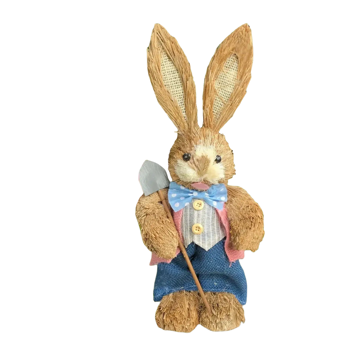 35cm straw Easter rabbit figurine dressed in blue denim vest pink shirt and light blue bow tie holding miniature shovel