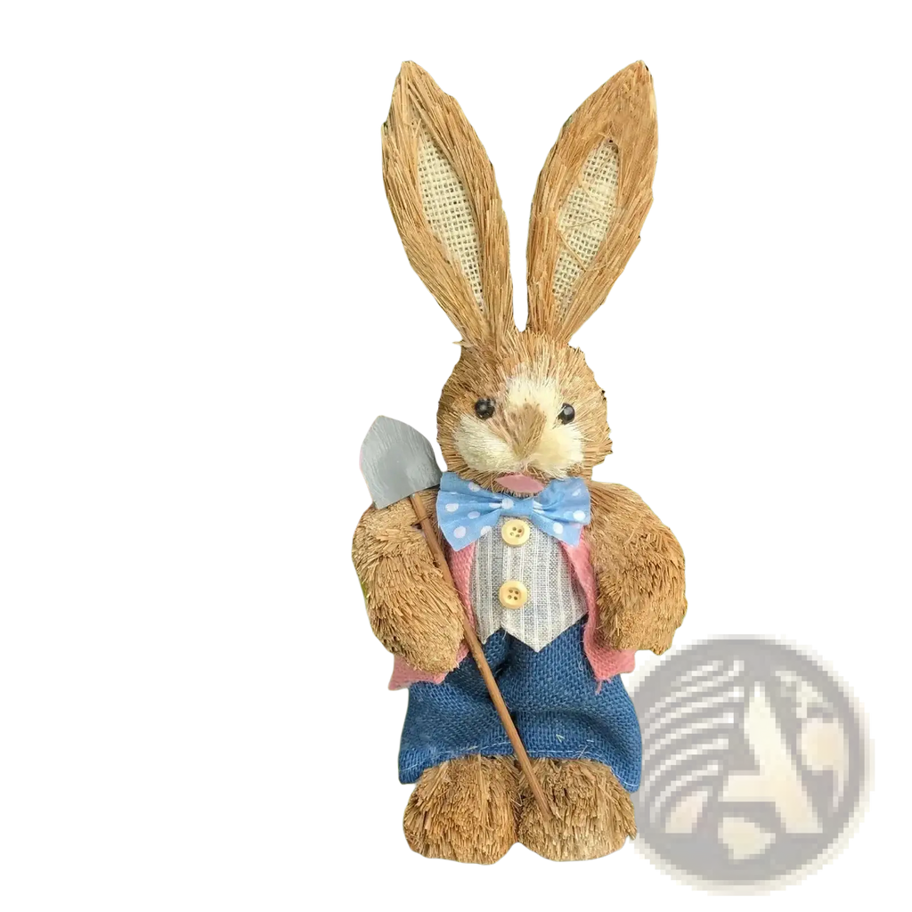 35cm straw Easter rabbit figurine dressed in blue denim vest pink shirt and light blue bow tie holding miniature shovel