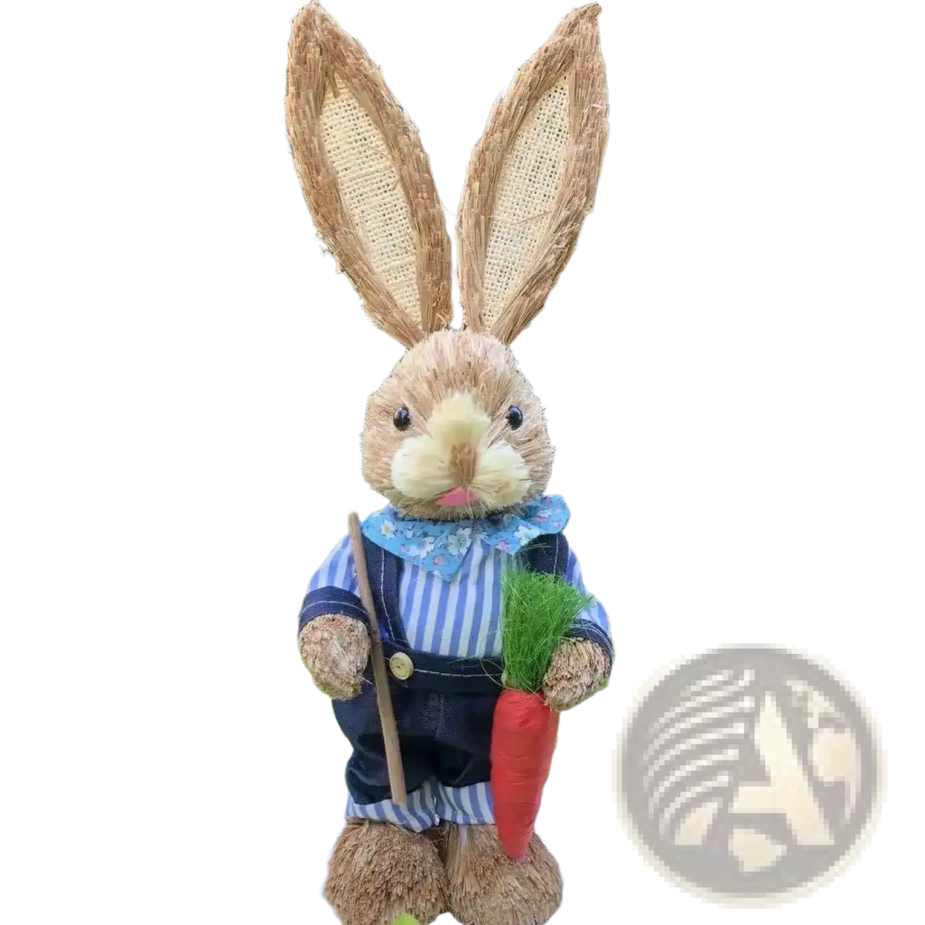 A 35cm rustic straw easter rabbit figurine in blue and white striped overalls holding a shovel and a red carrot