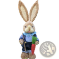 A 35cm rustic straw easter rabbit figurine in blue and white striped overalls holding a shovel and a red carrot