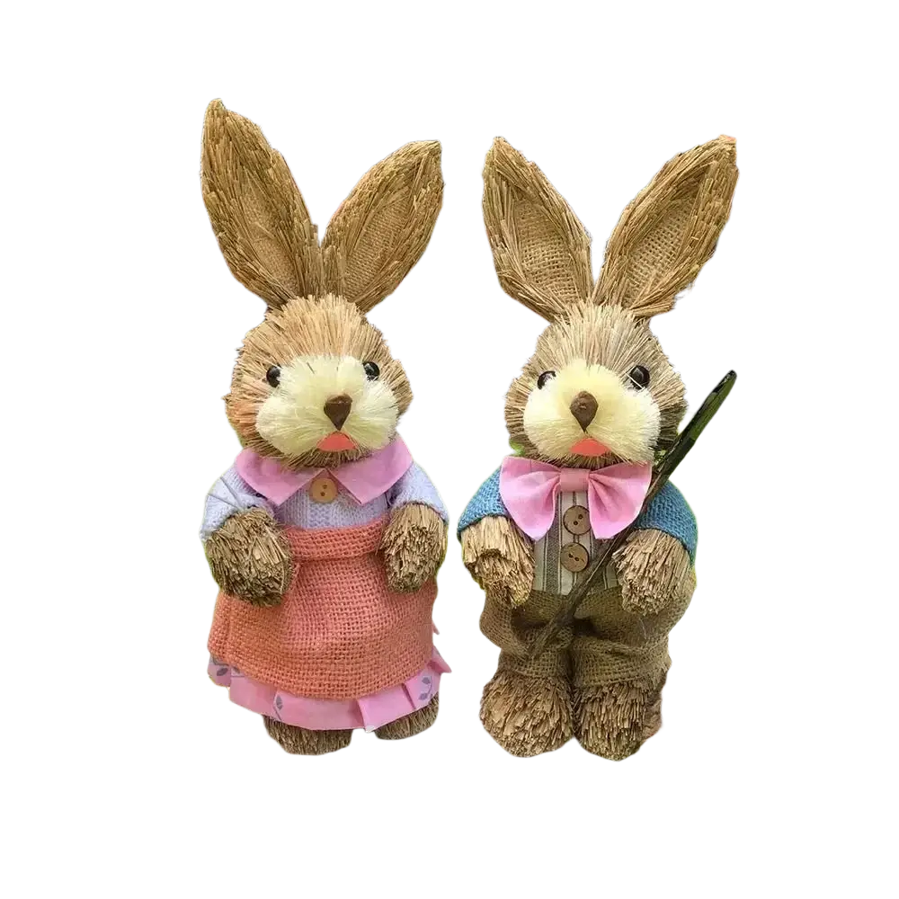 35cm straw easter rabbit figurines set featuring two straw-braided bunnies dressed in pink apron and blue vest