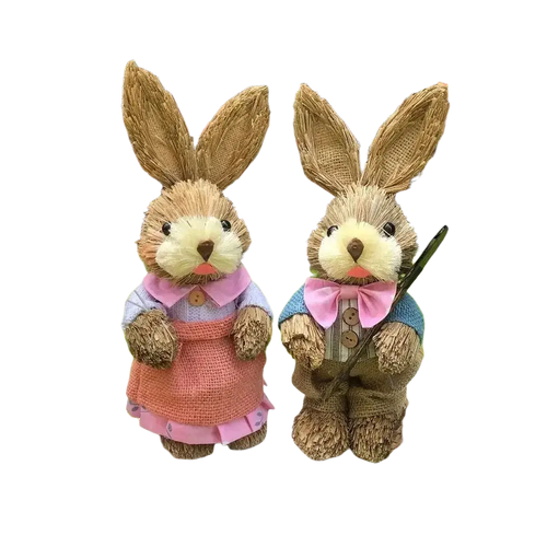 35cm straw easter rabbit figurines set featuring two straw-braided bunnies dressed in pink apron and blue vest