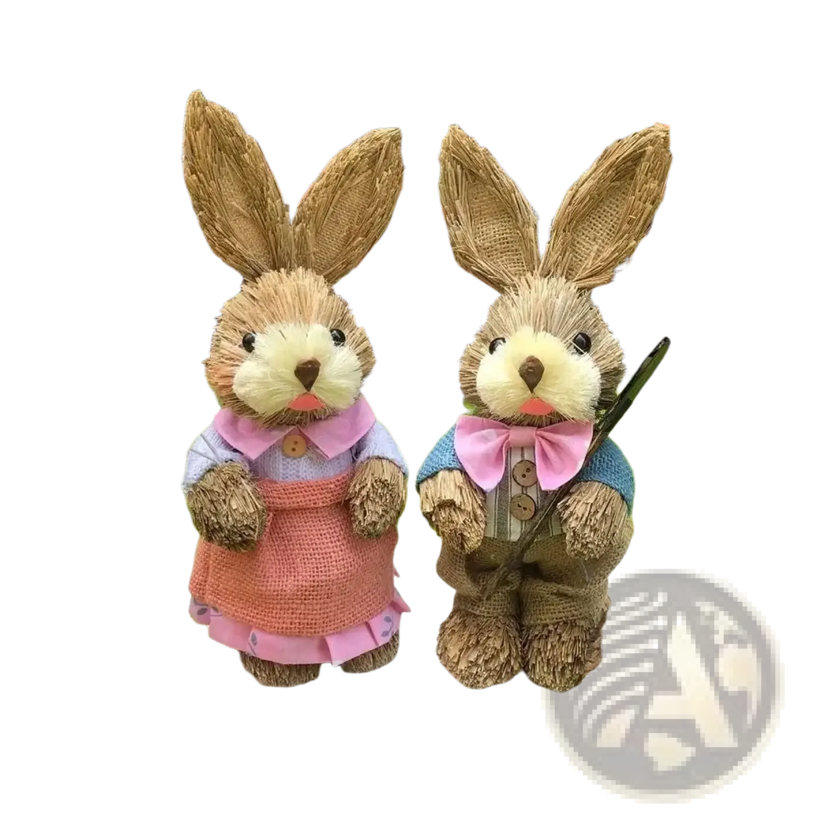 35cm straw easter rabbit figurines set featuring two straw-braided bunnies dressed in pink apron and blue vest