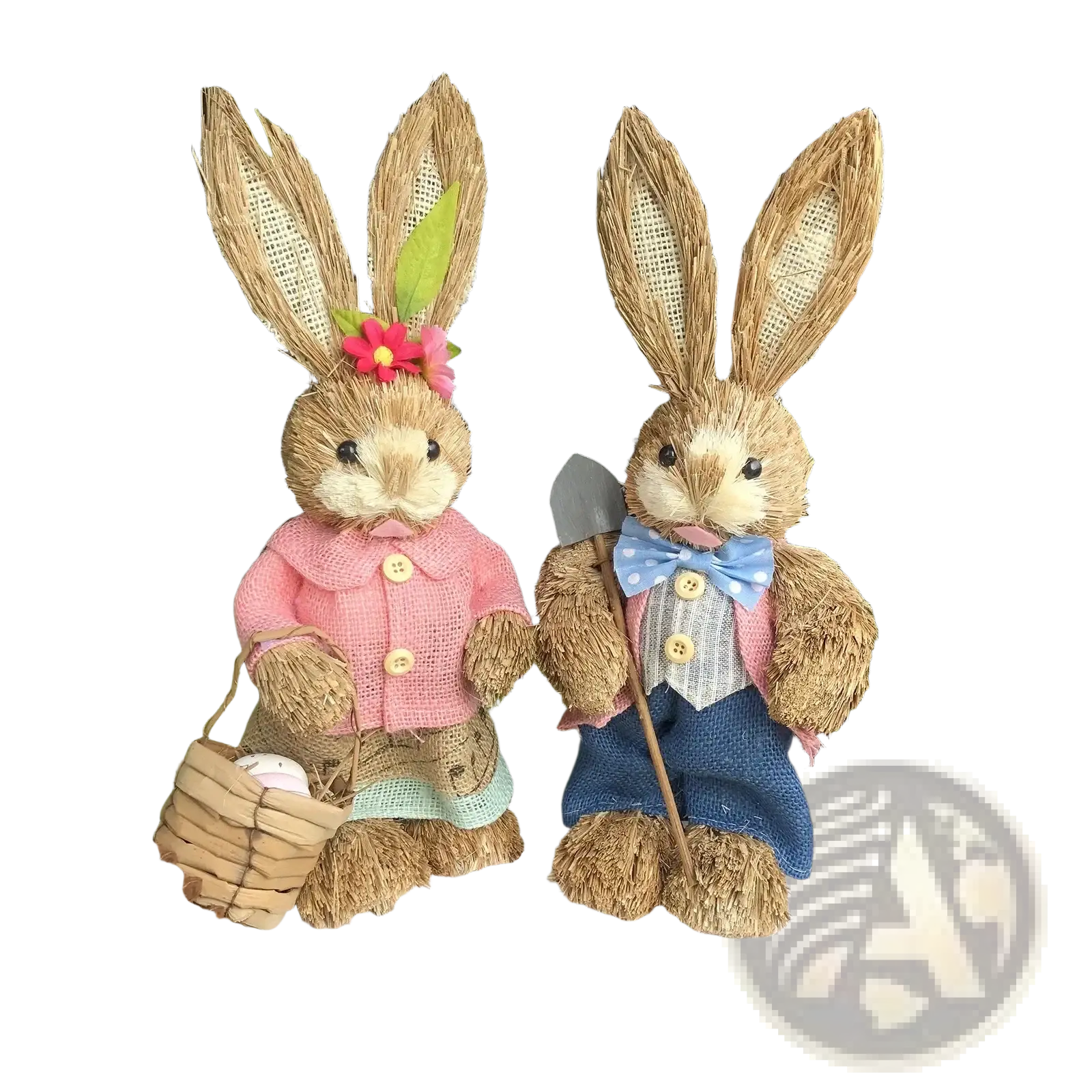 Two 35cm straw easter rabbit figurines set with one in pink jacket holding egg basket and the other in blue overalls holding shovel