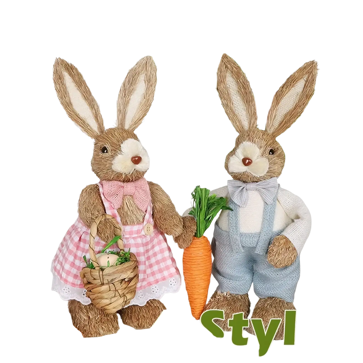 Two rustic 35cm straw easter rabbit figurines in pink checkered dress and blue overalls holding a basket of eggs