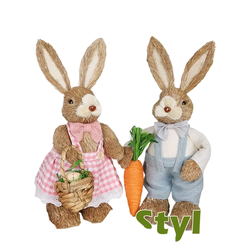 Two rustic 35cm straw easter rabbit figurines in pink checkered dress and blue overalls holding a basket of eggs