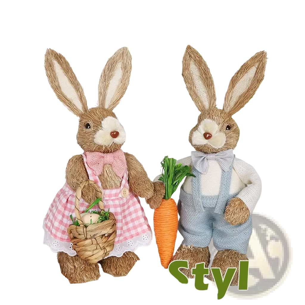 Two rustic 35cm straw easter rabbit figurines in pink checkered dress and blue overalls holding a basket of eggs