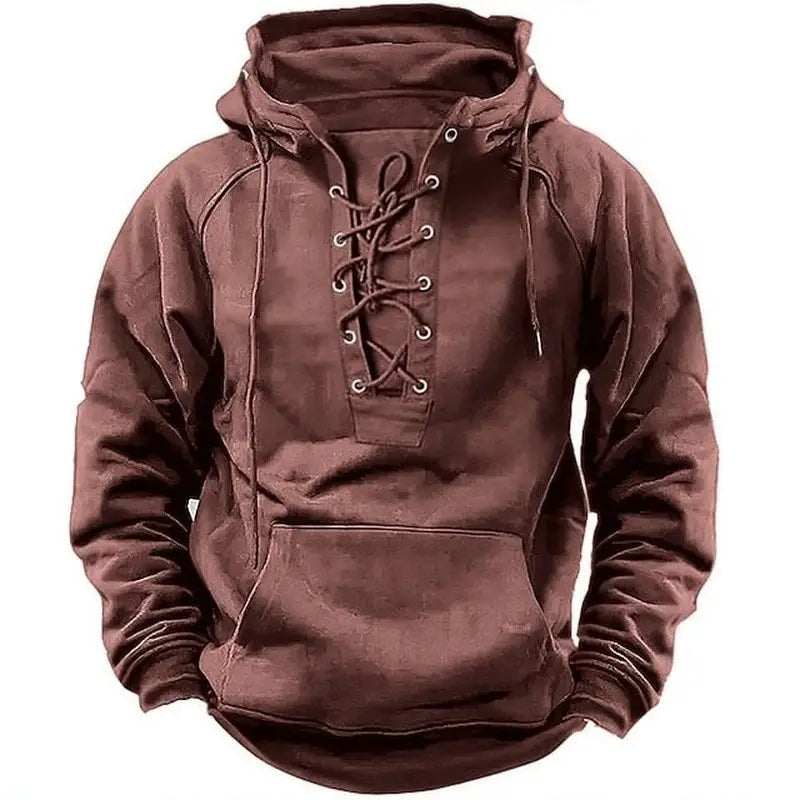 Men’s brown suede-textured cotton pullover hoodie with lace-up front, drawstring hood, and kangaroo pocket.
