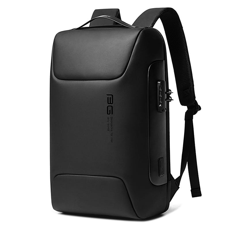Schwarzer, eleganter, wasserdichter Business-Laptop-Rucksack mit minimalistischer Gestaltung, mit vorne montiertem Kombinationsschloss, USB-Anschluss und dezentem Branding an der Seite