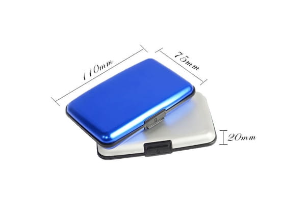 blue metallic rfid blocking aluminum alloy ribbed card holder case with a sleek rectangular design and silver clasp