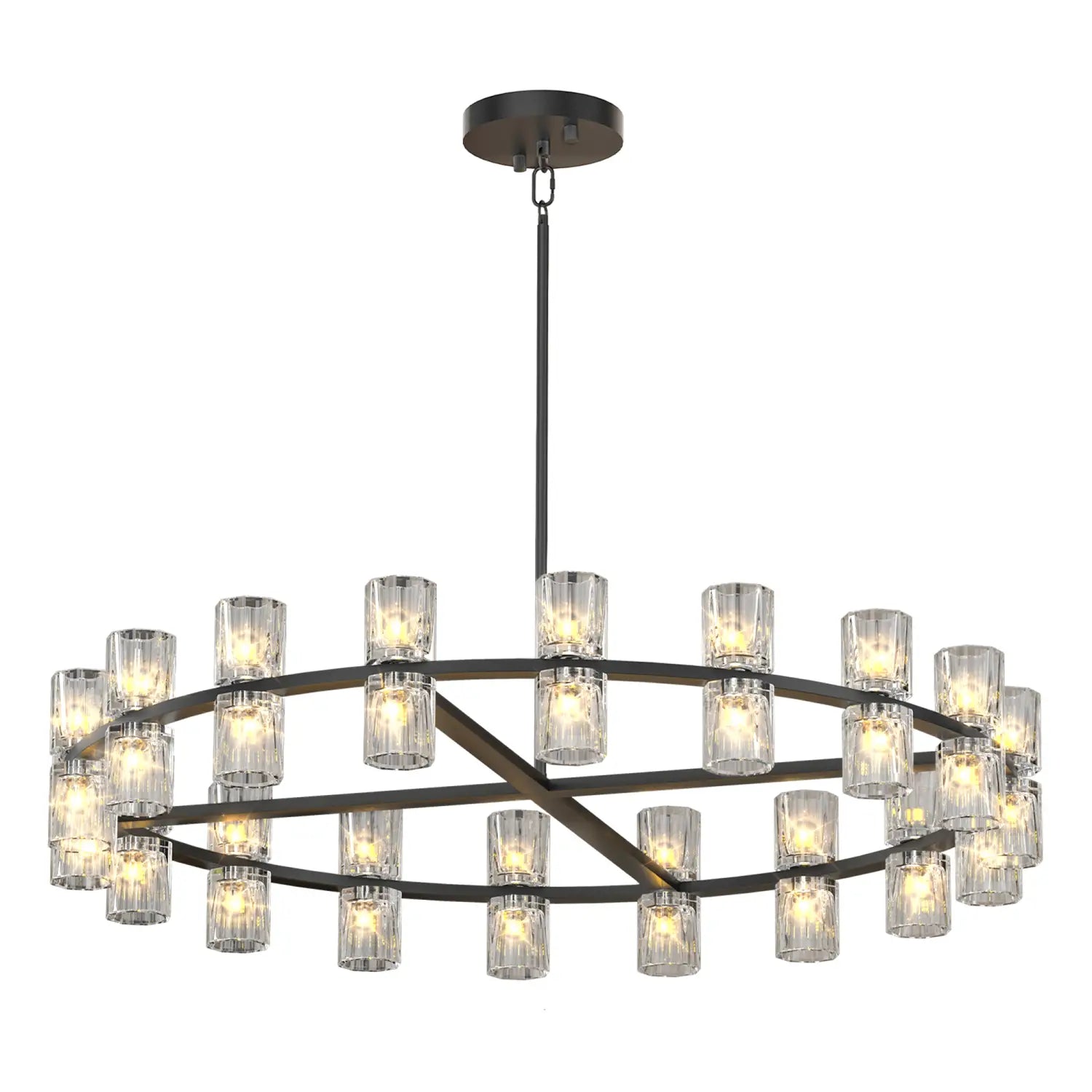 Lámpara de araña moderna de cristal, LED negra, de doble aro, con dos aros concéntricos de bombillas tipo vela de vidrio transparente facetado en metal negro.