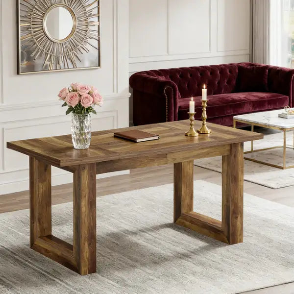 Rustikaler brauner Holzcomputer- und Esstisch mit einem dicken, stabilen Tischgestell für das Esszimmer und einer warmbraunen Oberfläche.
