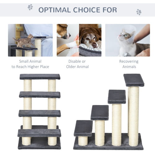 Beige and black Pawhut 4-step cat stairs made of sisal scratching posts and platforms designed for small or older animals.