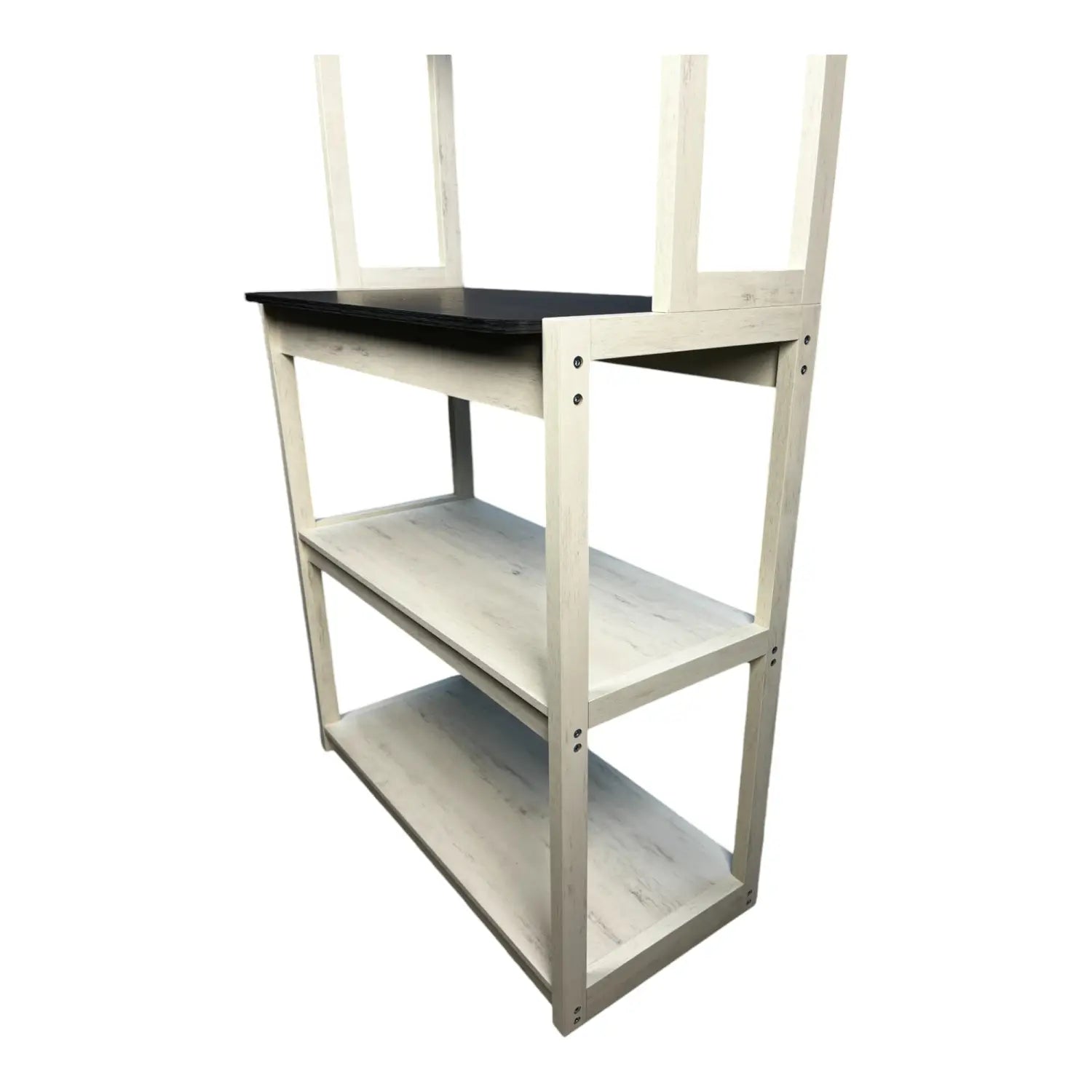 white wooden 5-tier kitchen baker’s rack microwave stand with a black countertop and three open shelves