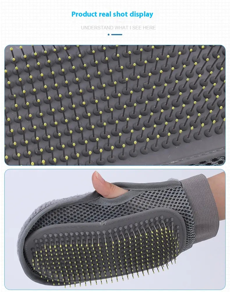Pet grooming glove silicone hair remover bath brush in gray with flexible mesh wristband and yellow-tipped metal bristles.