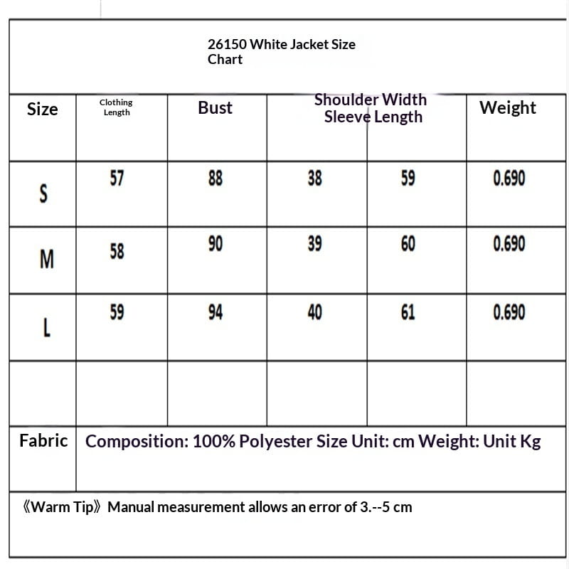White jacket size chart for model 26150 in cream tweed stand collar blazer made of 100 percent polyester.