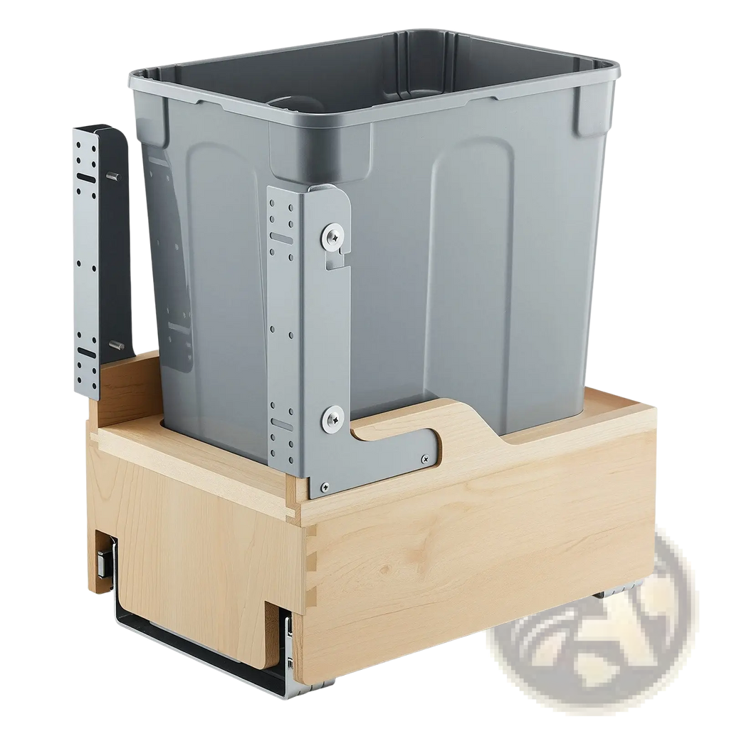 Gray plastic 35qt pullout waste container with soft close feature mounted in light wood drawer unit with metal brackets
