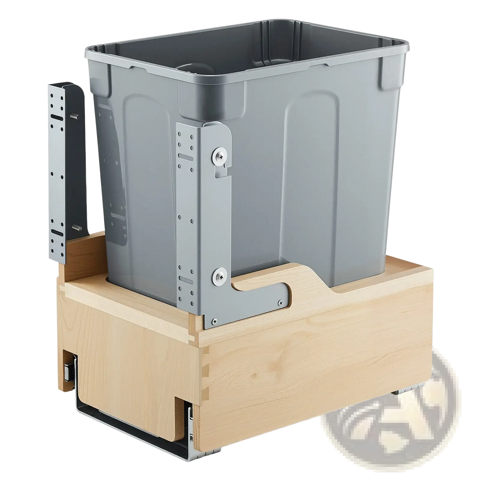 Gray plastic 35qt pullout waste container with soft close feature mounted in light wood drawer unit with metal brackets