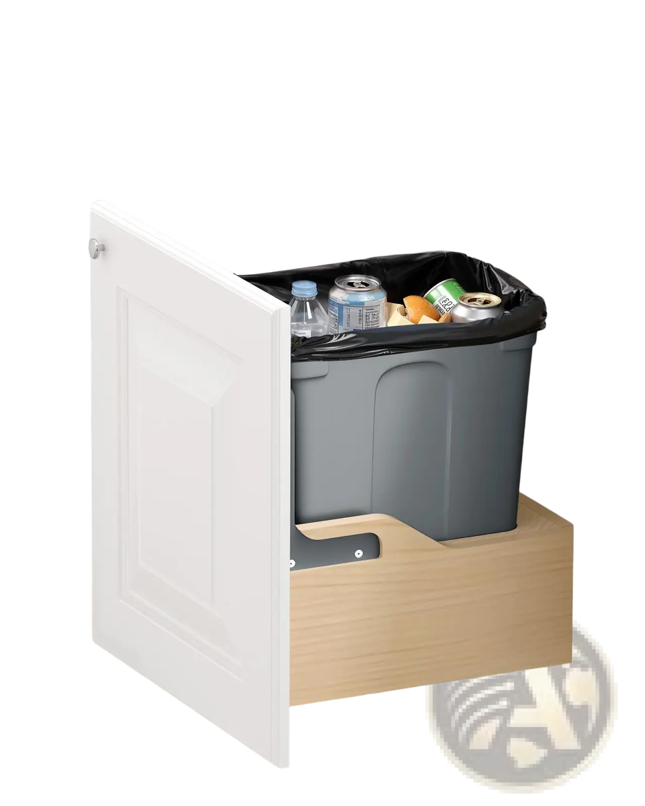 Gray plastic 35qt pullout waste container with black liner and soft close wood frame designed for under-cabinet use