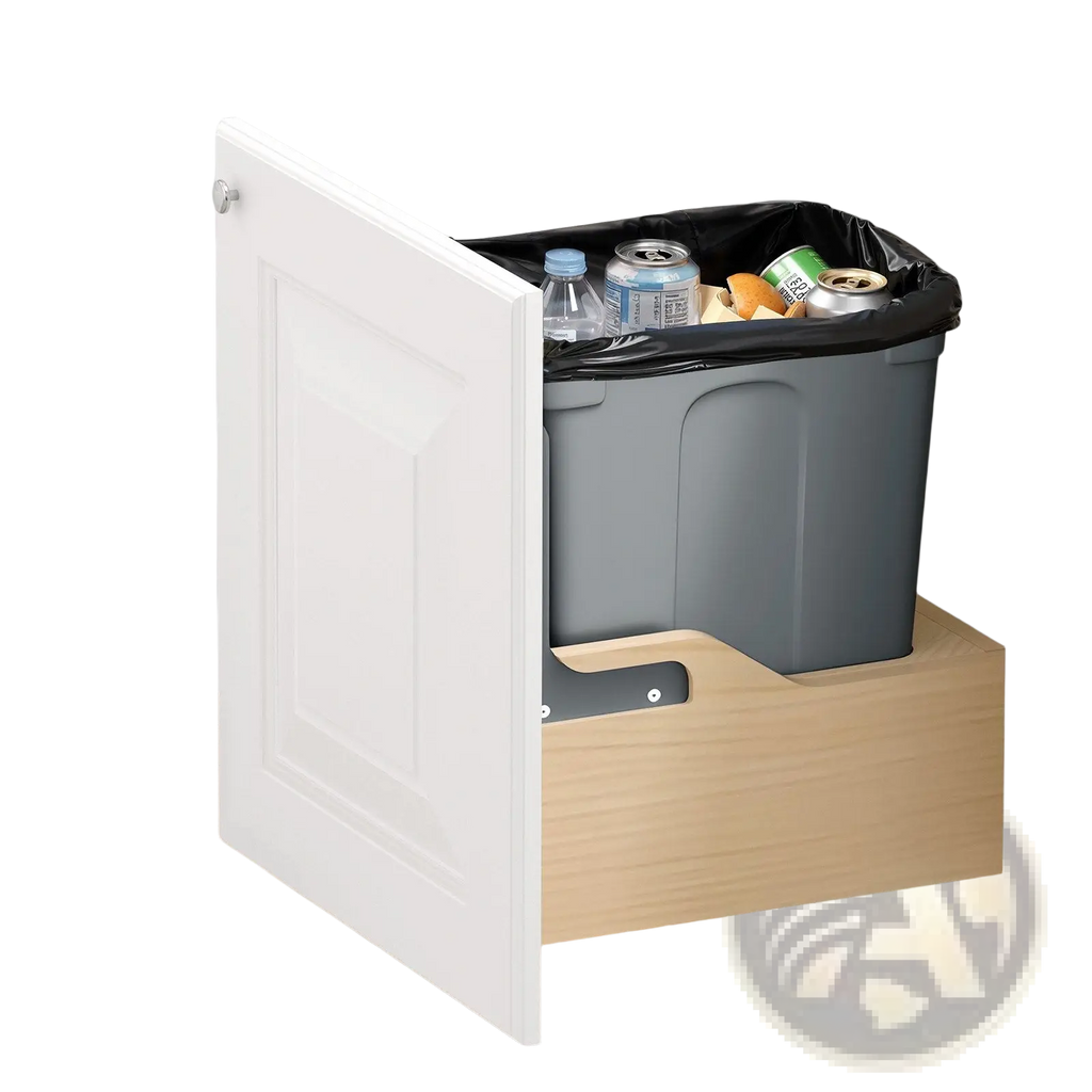 Gray plastic 35qt pullout undercounter waste container with black liner and soft close wood frame mechanism